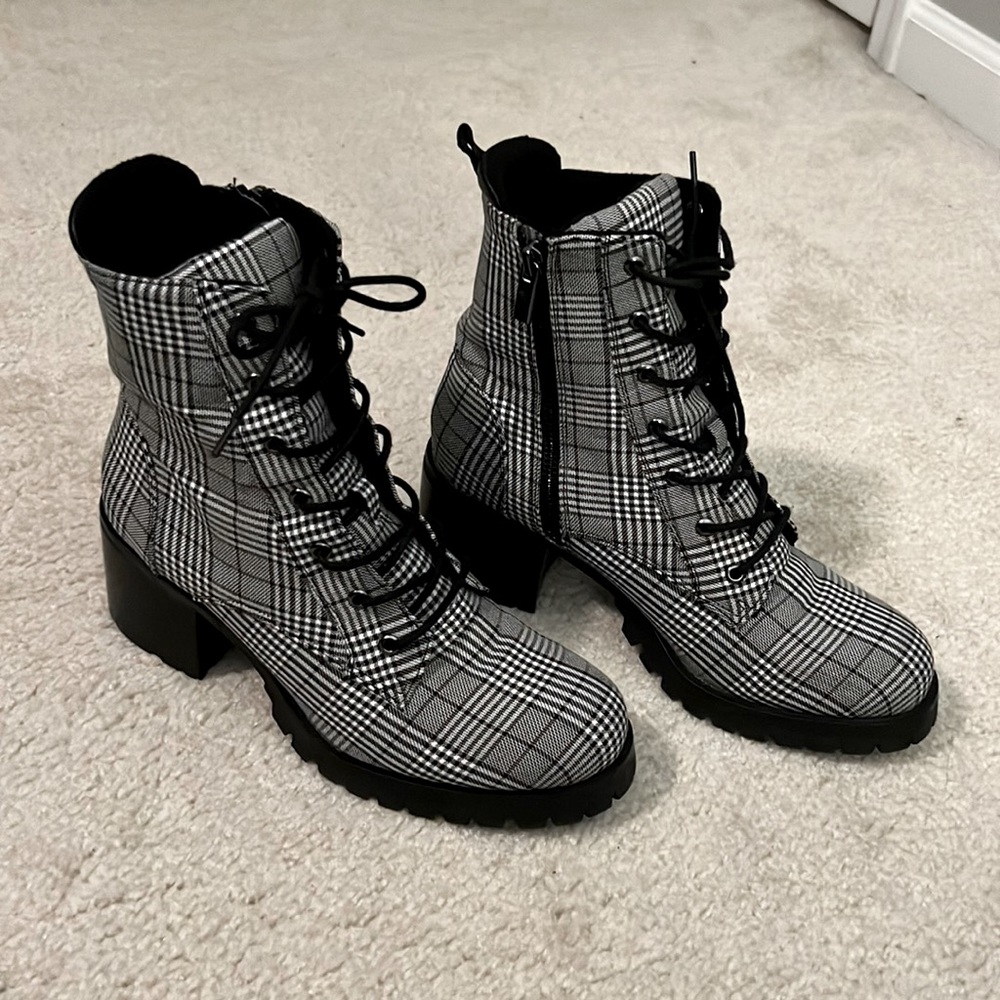 Women’s black and white plaid ankle boots